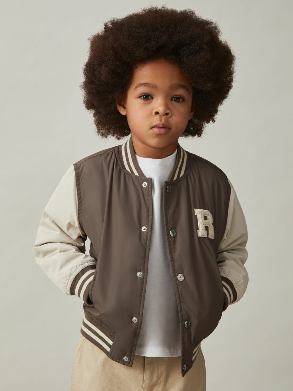 Reiss | 13-14 yrs Colour-Block Varsity Bomber Jacket in Mink Brown/Off White