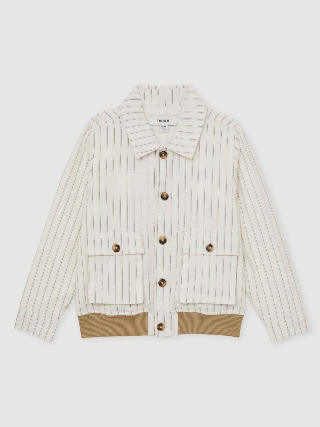 Reiss | 3-9 yrs Cotton Pinstripe Harrington Jacket in Off White/Taupe Brown