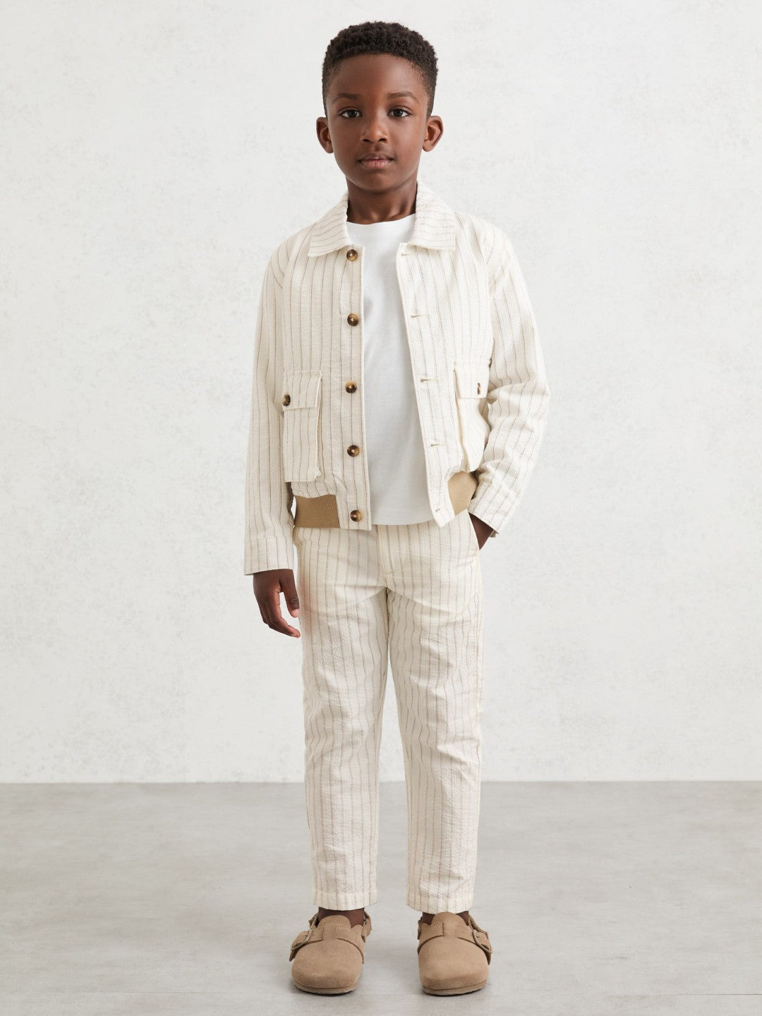 Reiss | 3-9 yrs Cotton Pinstripe Harrington Jacket in Off White/Taupe Brown