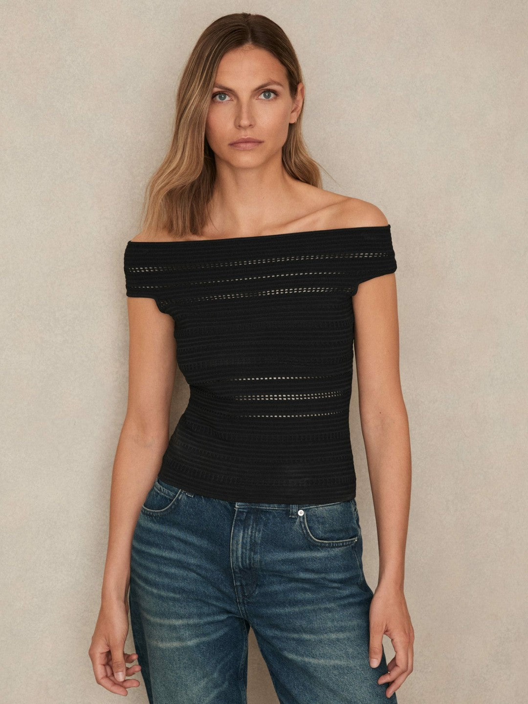 Reiss | Bardot Open Knit Top in Black