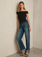 Reiss | Bardot Open Knit Top in Black