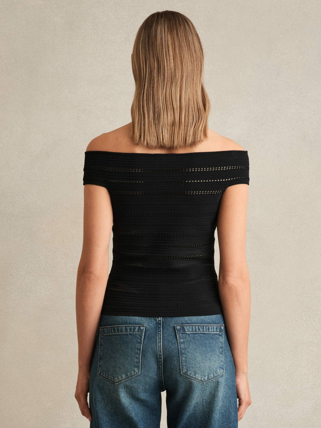 Reiss | Bardot Open Knit Top in Black