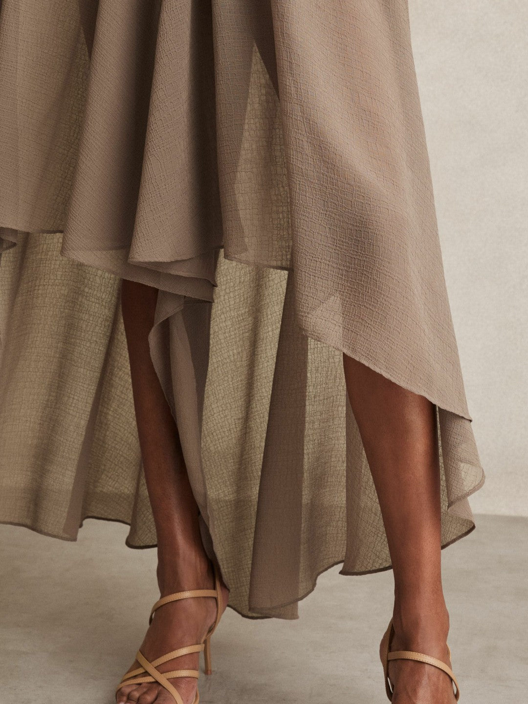 Reiss | Sheer-Overlay High-Low Shorts in Mink Neutral