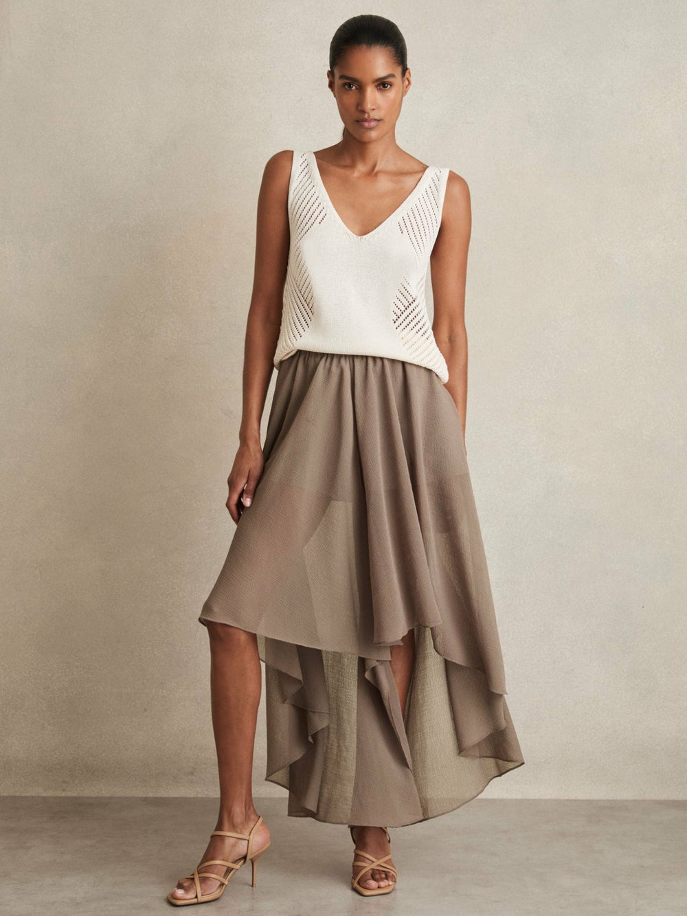 Reiss | Petite Sheer-Overlay High-Low Shorts in Mink Neutral