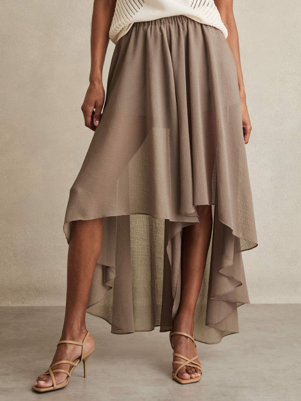 Reiss | Petite Sheer-Overlay High-Low Shorts in Mink Neutral