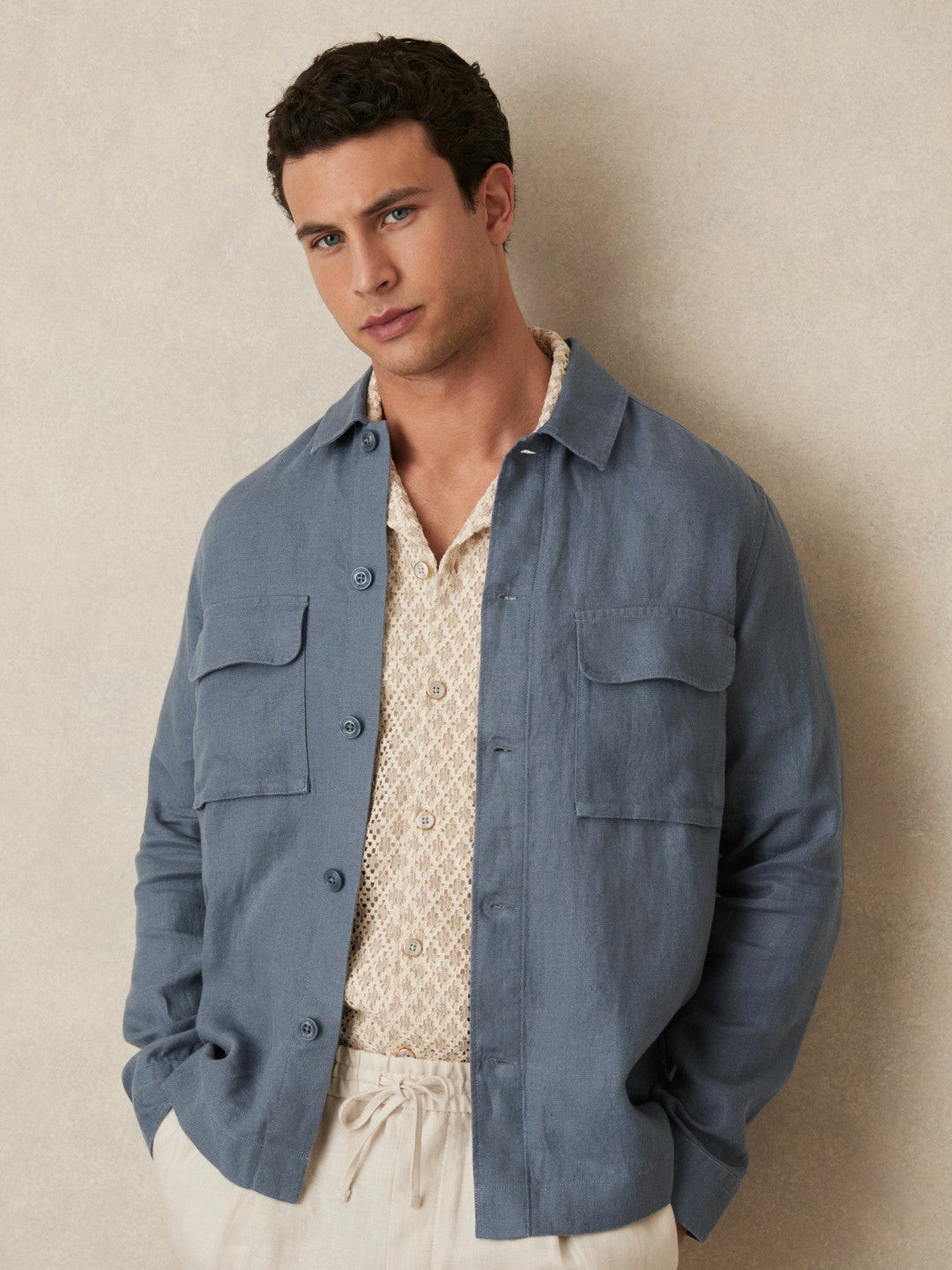 Reiss | Linen Twin-Pocket Overshirt in Airforce Blue