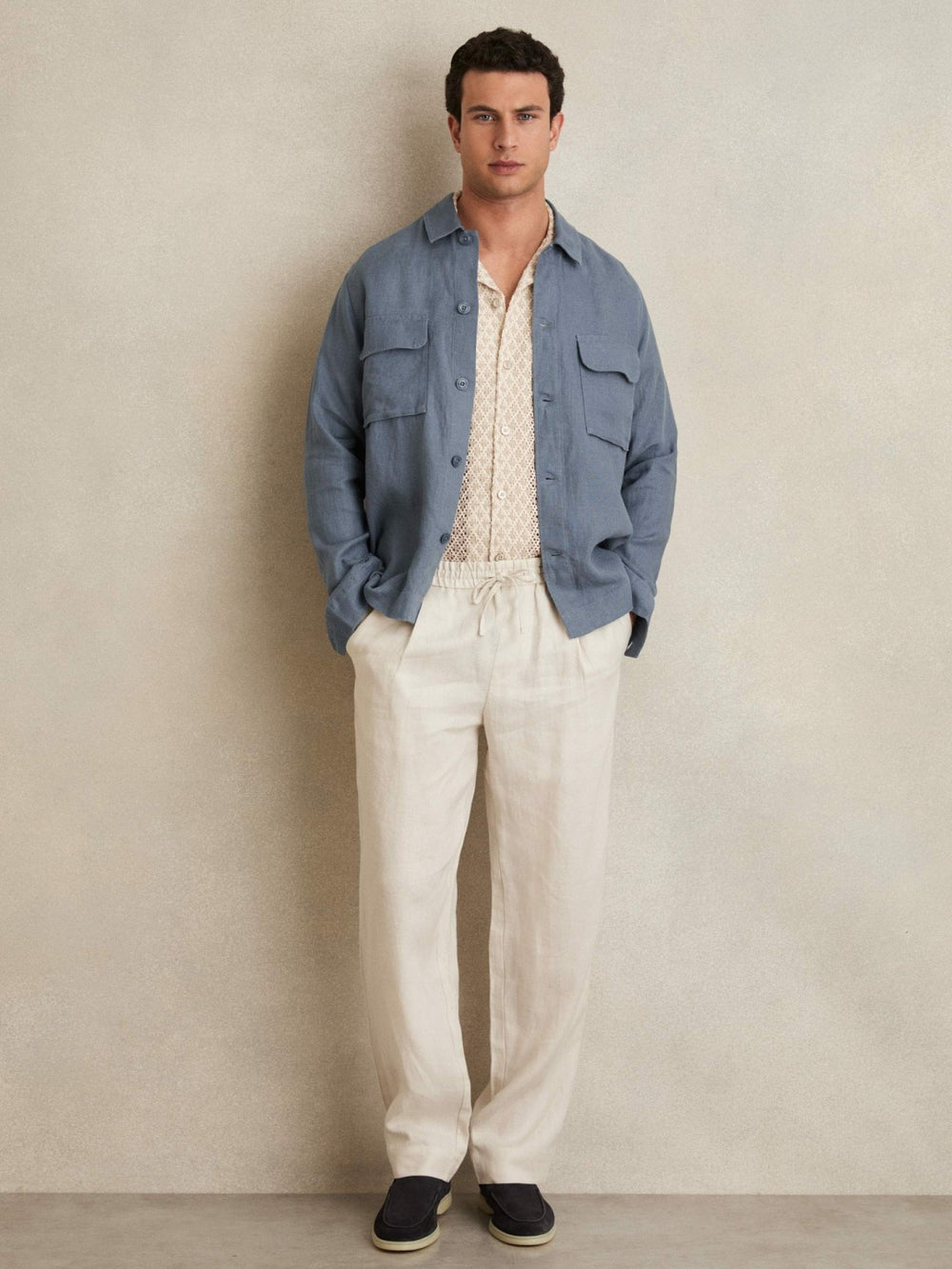 Reiss | Linen Twin-Pocket Overshirt in Airforce Blue