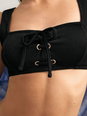 Reiss | Ribbed Lace-Up Bikini Top in Black