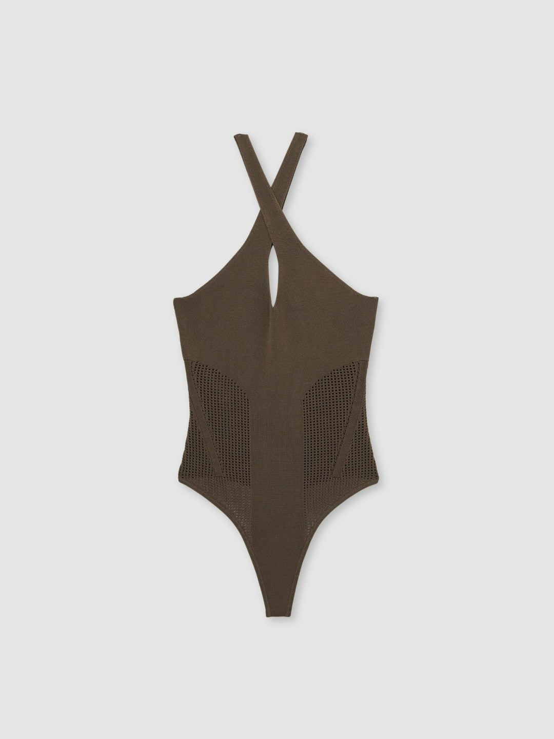 Reiss | Perforated-Knit Cross-Strap Bodysuit in Mink