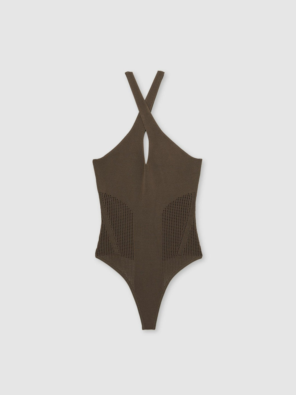 Reiss | Perforated-Knit Cross-Strap Bodysuit in Mink