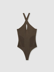 Reiss | Perforated-Knit Cross-Strap Bodysuit in Mink