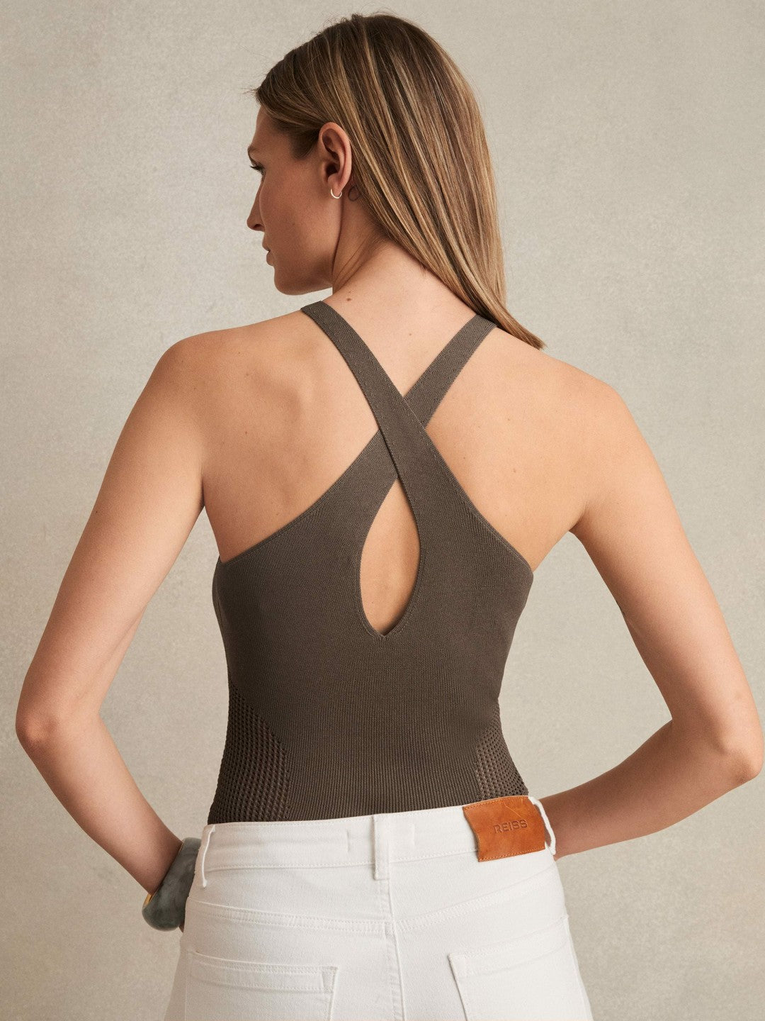 Reiss | Perforated-Knit Cross-Strap Bodysuit in Mink