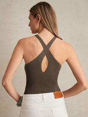 Reiss | Perforated-Knit Cross-Strap Bodysuit in Mink