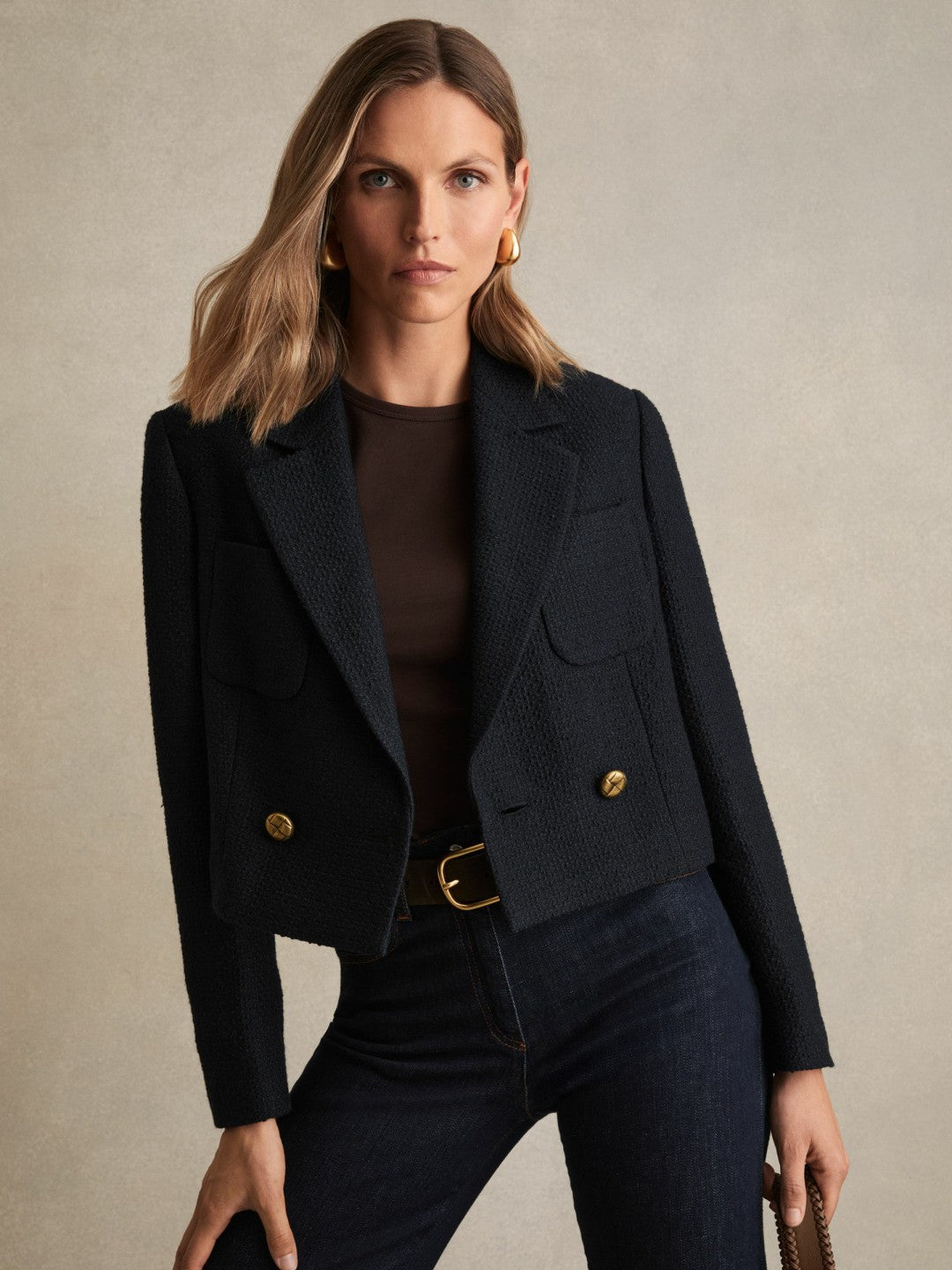 Reiss | Double-Breasted Textured Cropped Blazer with Wool and Cotton in Navy