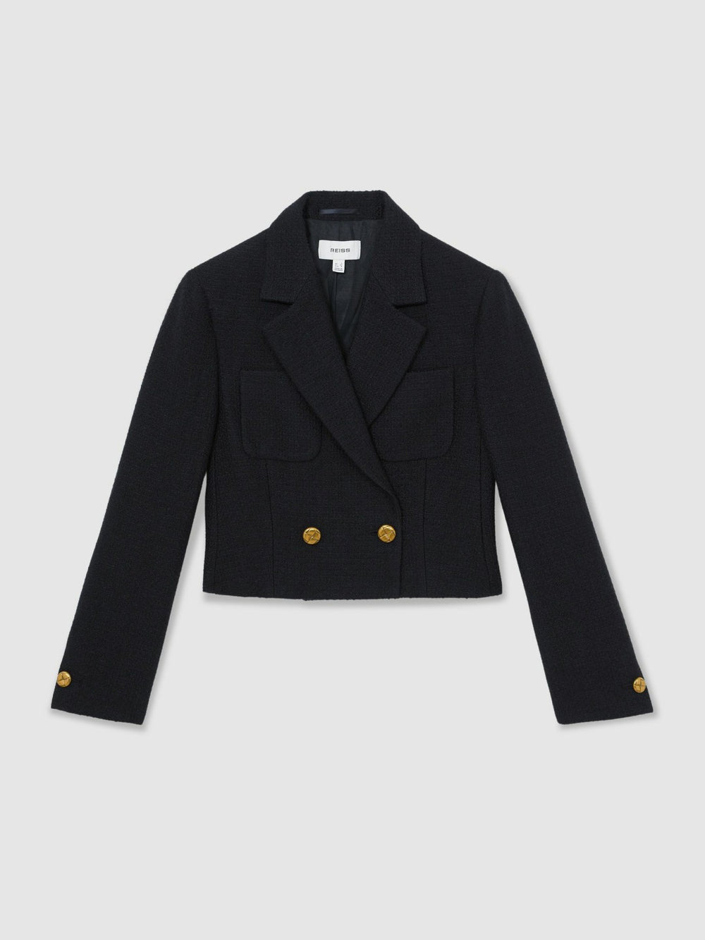 Reiss | Double-Breasted Textured Cropped Blazer with Wool and Cotton in Navy