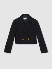 Reiss | Double-Breasted Textured Cropped Blazer with Wool and Cotton in Navy