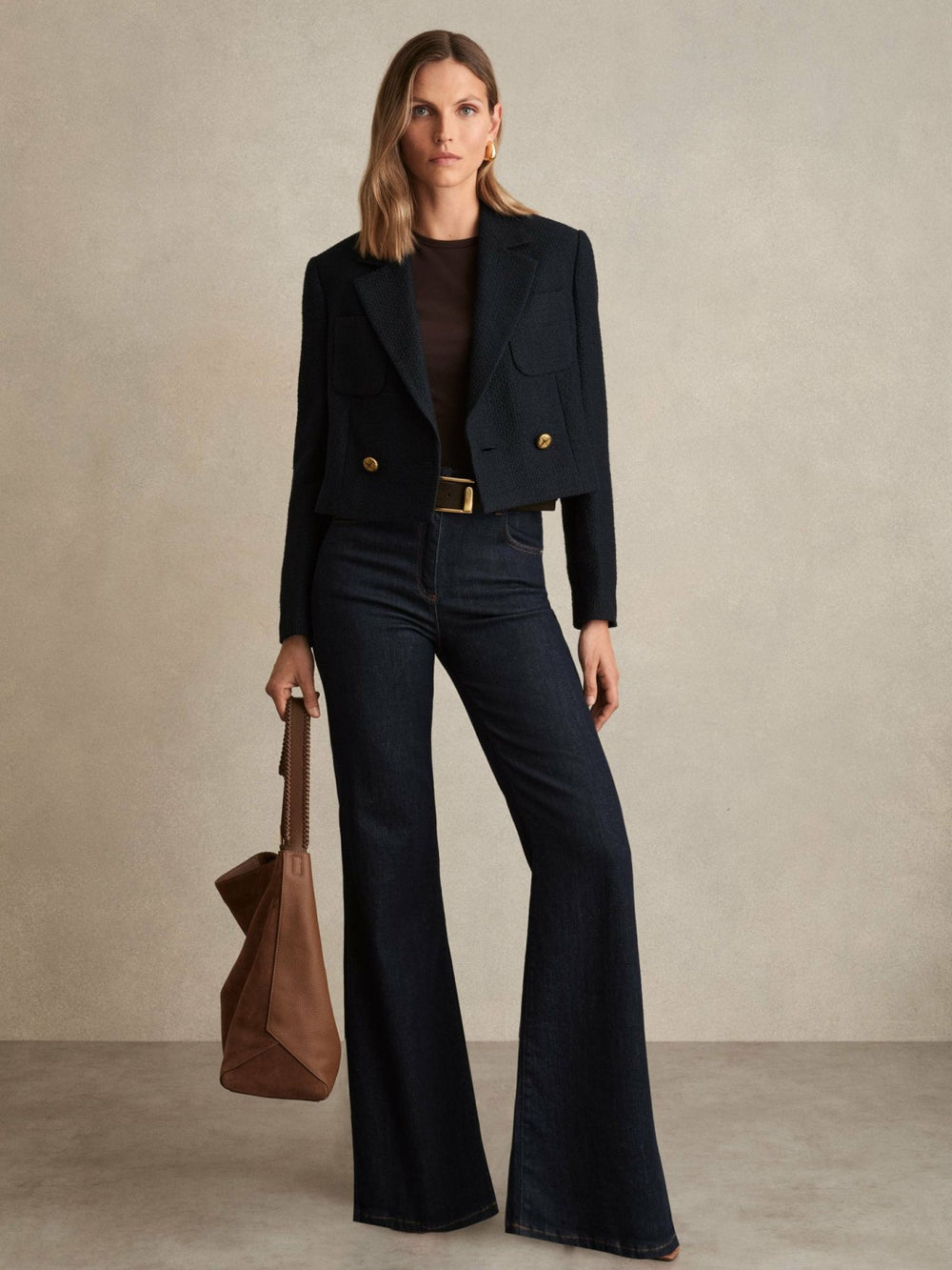Reiss | Double-Breasted Textured Cropped Blazer with Wool and Cotton in Navy