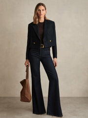 Reiss | Double-Breasted Textured Cropped Blazer with Wool and Cotton in Navy