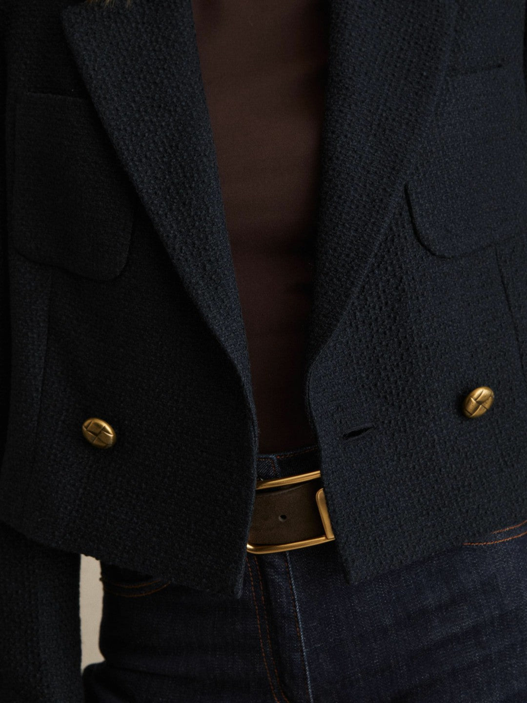 Reiss | Double-Breasted Textured Cropped Blazer with Wool and Cotton in Navy