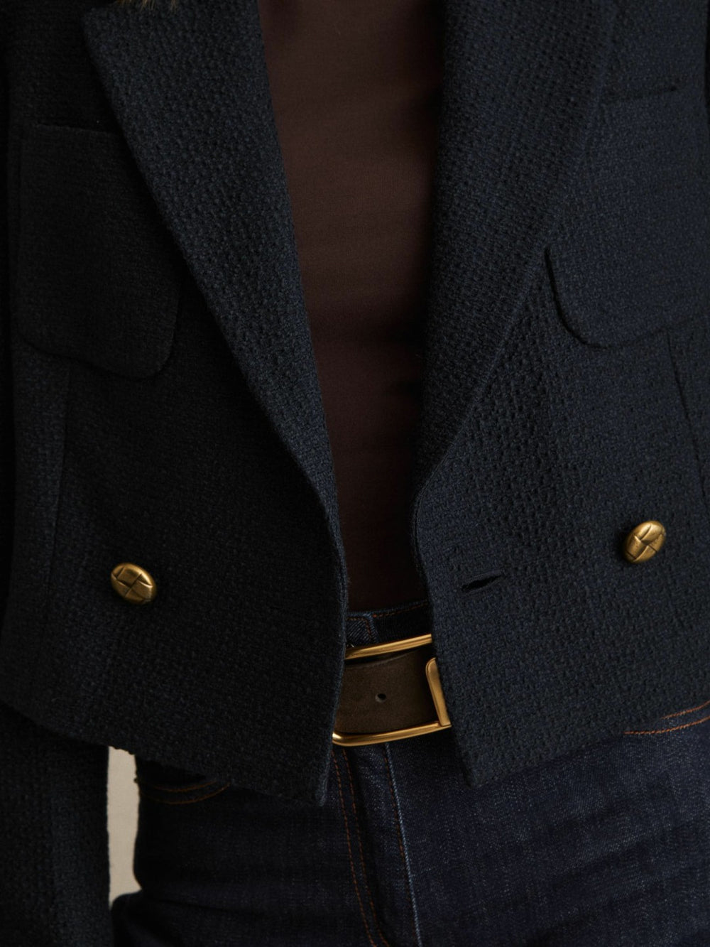 Reiss | Double-Breasted Textured Cropped Blazer with Wool and Cotton in Navy