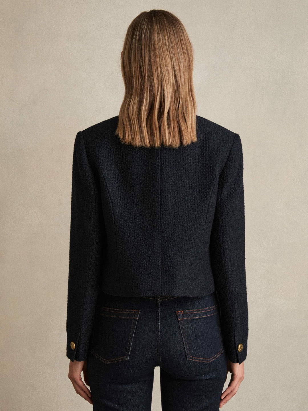 Reiss | Double-Breasted Textured Cropped Blazer with Wool and Cotton in Navy