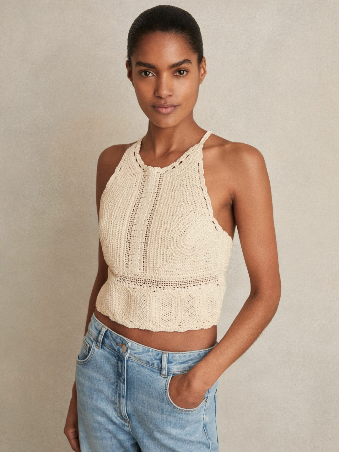 Reiss | Cotton Crochet Tie-Back Cropped Top in Cream