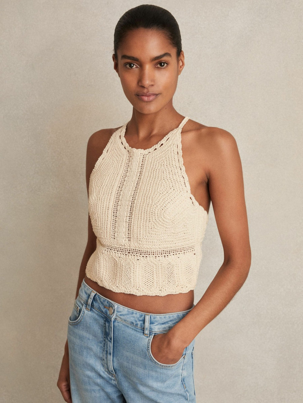 Reiss | Cotton Crochet Tie-Back Cropped Top in Cream