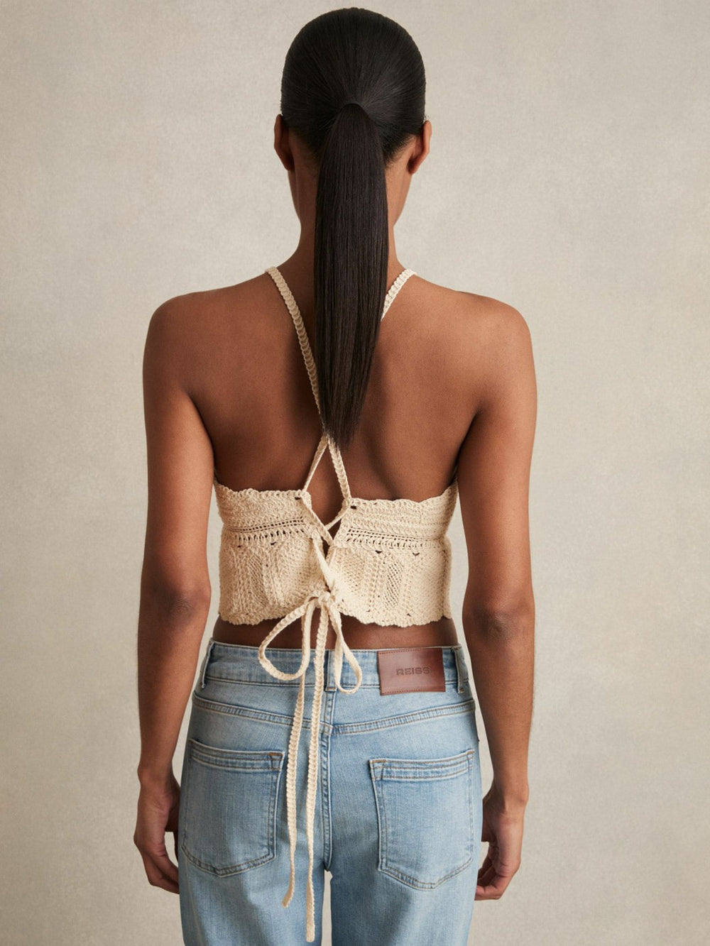 Reiss | Cotton Crochet Tie-Back Cropped Top in Cream