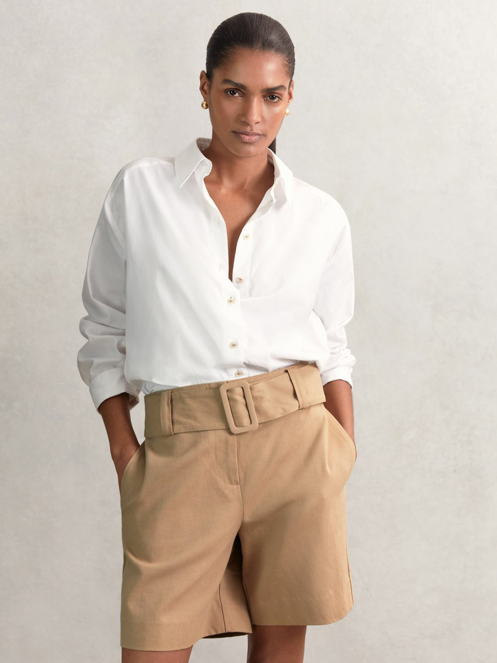 Reiss | Cotton-Blend Belted Shorts With Linen in Camel