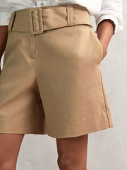 Reiss | Cotton-Blend Belted Shorts With Linen in Camel