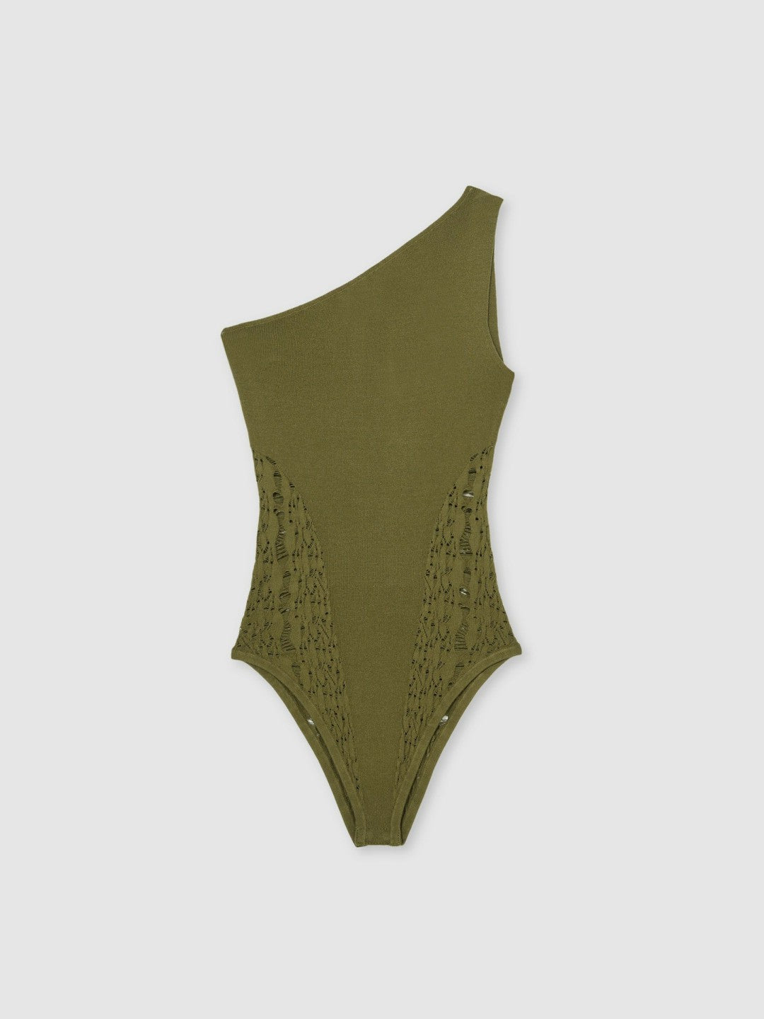 Reiss | Lace-Knit Detail One-Shoulder Bodysuit in Green