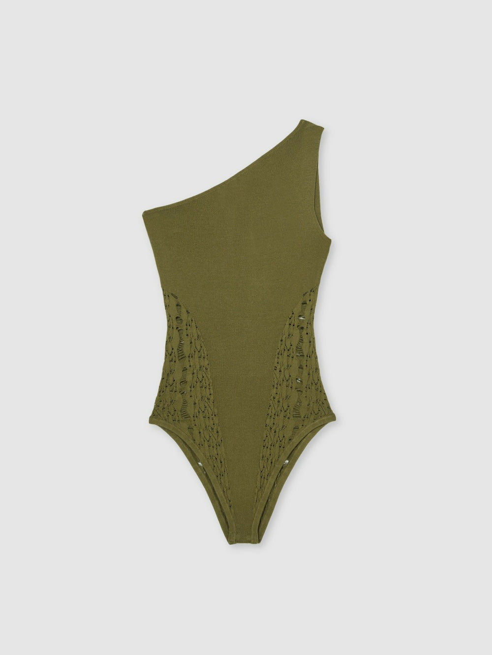 Reiss | Lace-Knit Detail One-Shoulder Bodysuit in Green