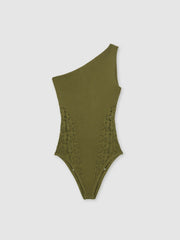 Reiss | Lace-Knit Detail One-Shoulder Bodysuit in Green
