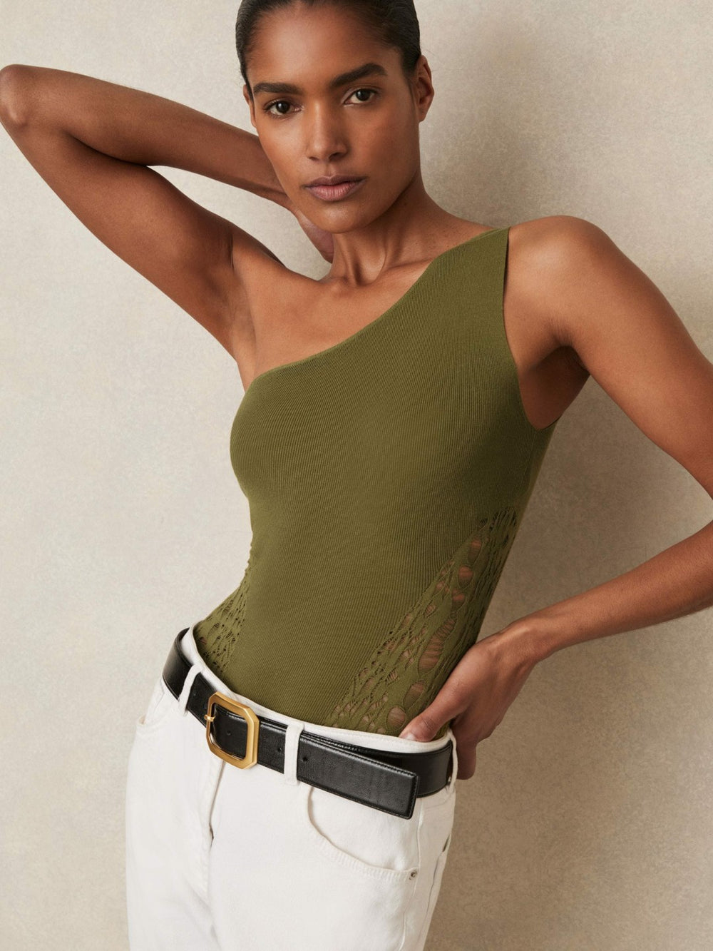 Reiss | Lace-Knit Detail One-Shoulder Bodysuit in Green