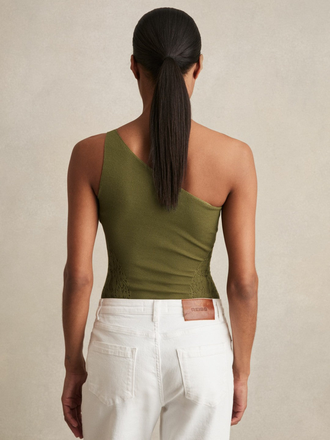 Reiss | Lace-Knit Detail One-Shoulder Bodysuit in Green