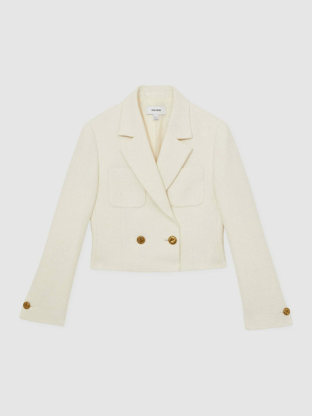 Reiss | Double-Breasted Textured Cropped Blazer with Wool and Cotton in White