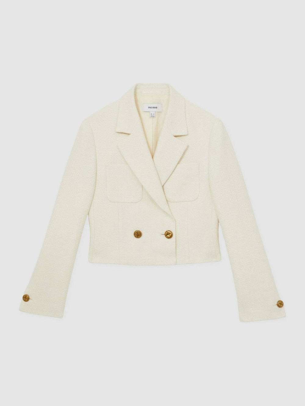 Reiss | Double-Breasted Textured Cropped Blazer with Wool and Cotton in White