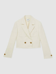 Reiss | Double-Breasted Textured Cropped Blazer with Wool and Cotton in White
