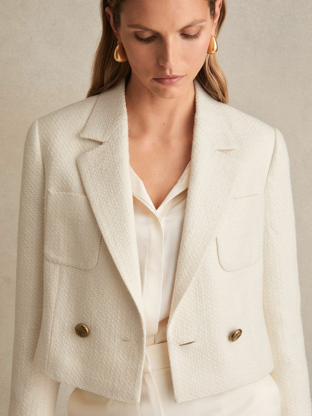 Reiss | Double-Breasted Textured Cropped Blazer with Wool and Cotton in White