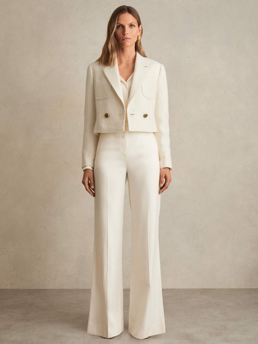 Reiss | Double-Breasted Textured Cropped Blazer with Wool and Cotton in White