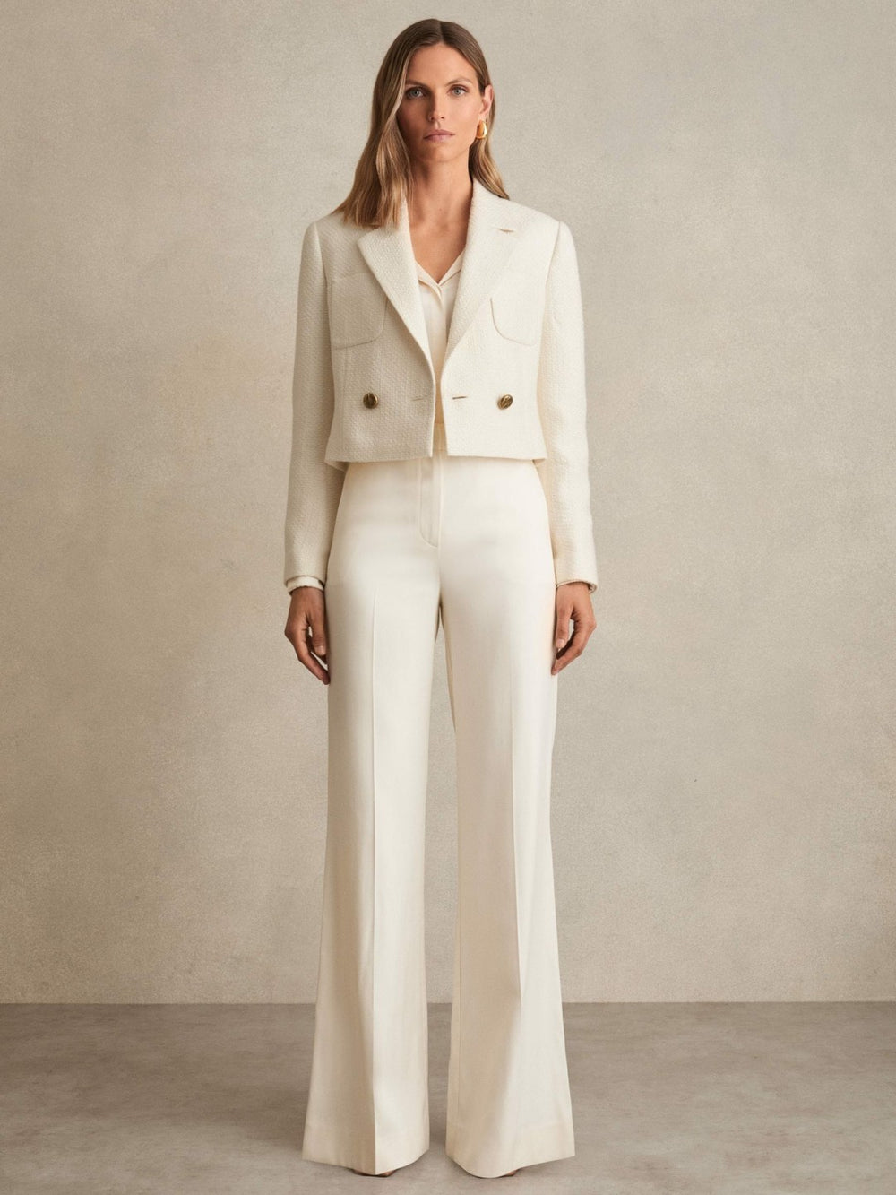 Reiss | Double-Breasted Textured Cropped Blazer with Wool and Cotton in White