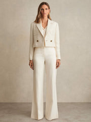 Reiss | Double-Breasted Textured Cropped Blazer with Wool and Cotton in White
