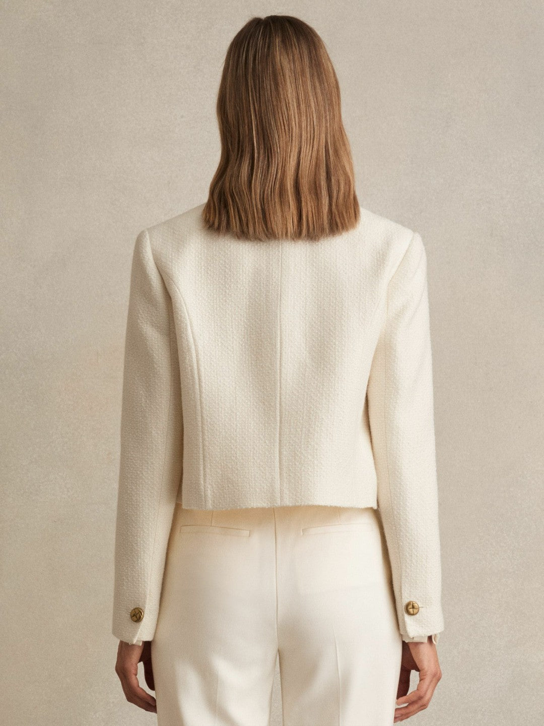 Reiss | Double-Breasted Textured Cropped Blazer with Wool and Cotton in White