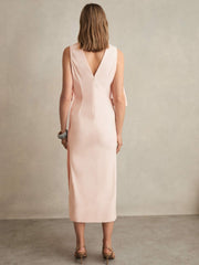 Reiss | Draped-Front High-Neck Midi Dress in Pale Pink