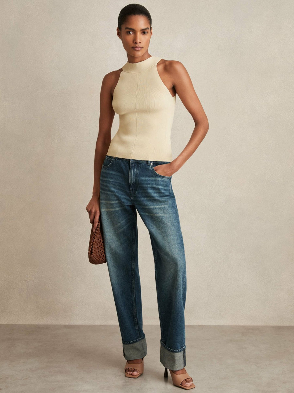 Reiss | Rib Knit High Neck Vest in Ivory
