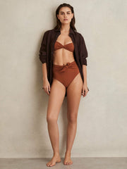 Reiss | High Waist Tie Front Bikini Bottoms in Brown