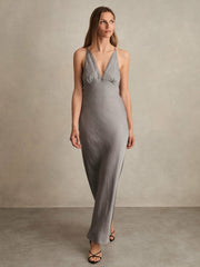 Reiss | Crushed Satin Tie Back Slip Dress in Grey