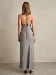 Reiss | Crushed Satin Tie Back Slip Dress in Grey