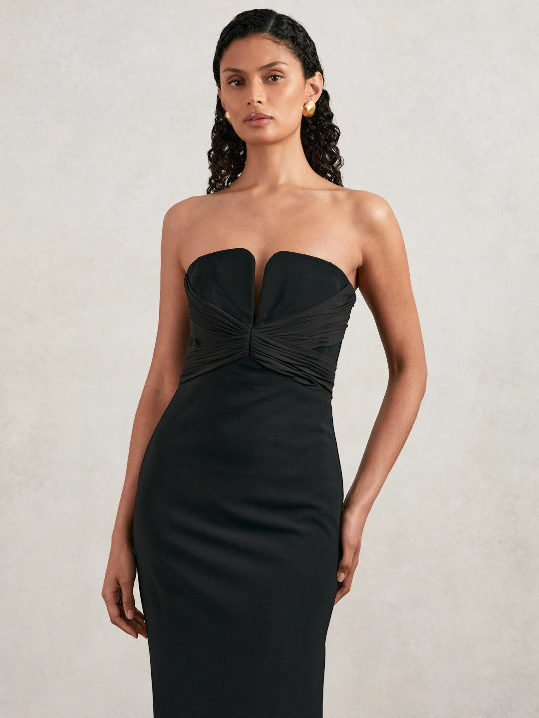 Reiss | Halston Strapless Crepe Midi Dress in Black