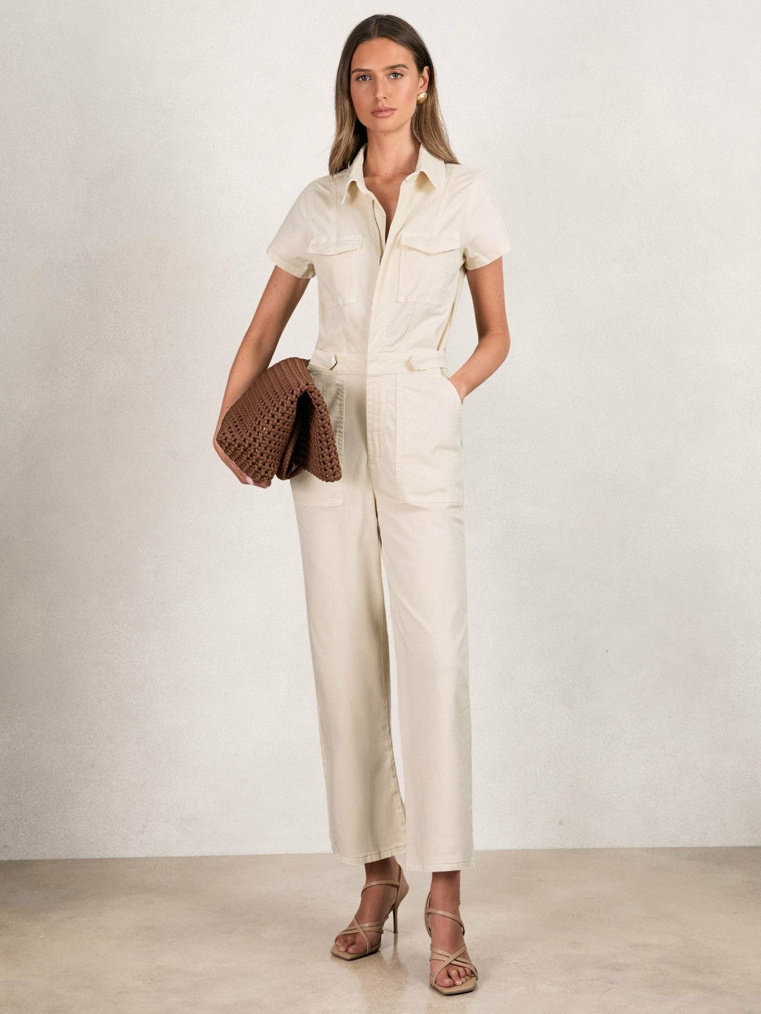 Reiss | Good American Cotton Twill Jumpsuit with Stretch in Ecru